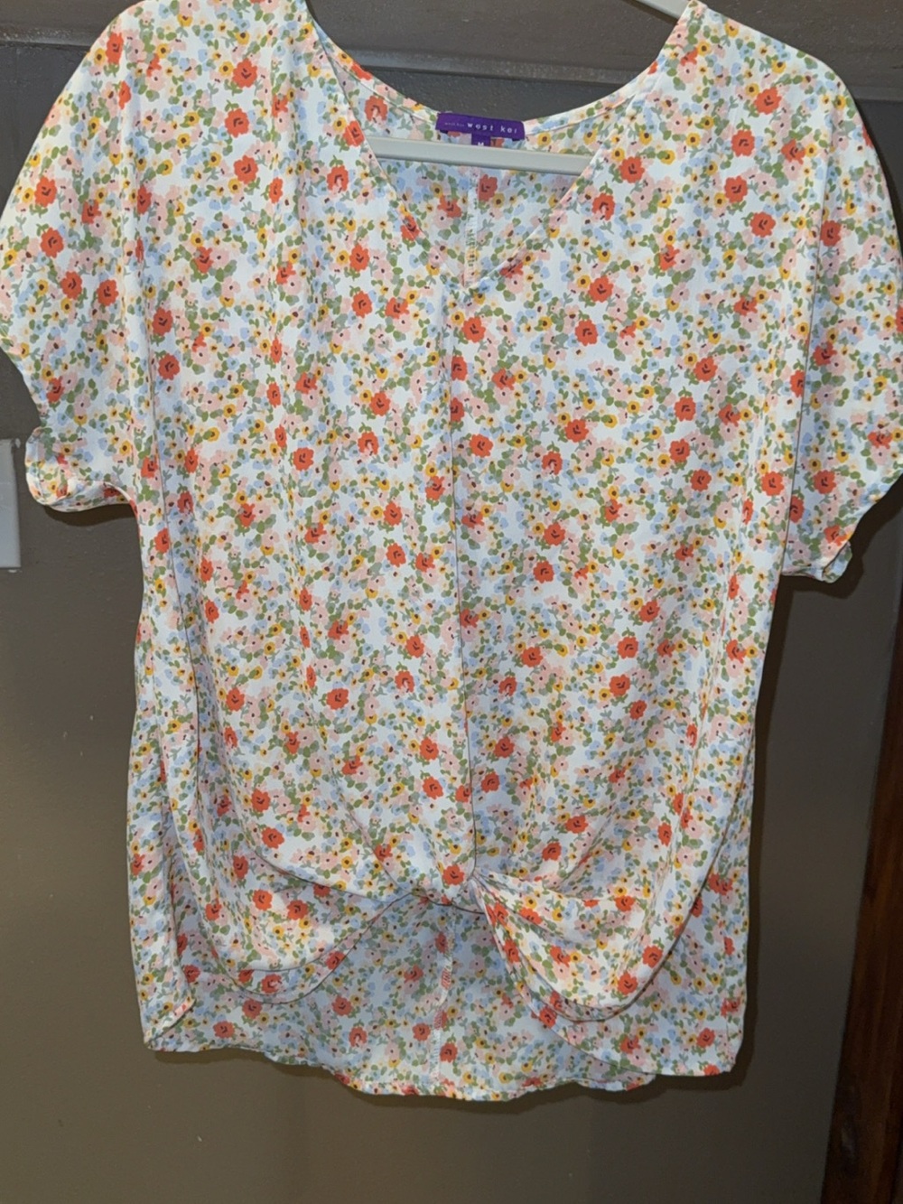 West Kei White Floral Knot-Front Short Sleeve Top with Orange & Green Flowers